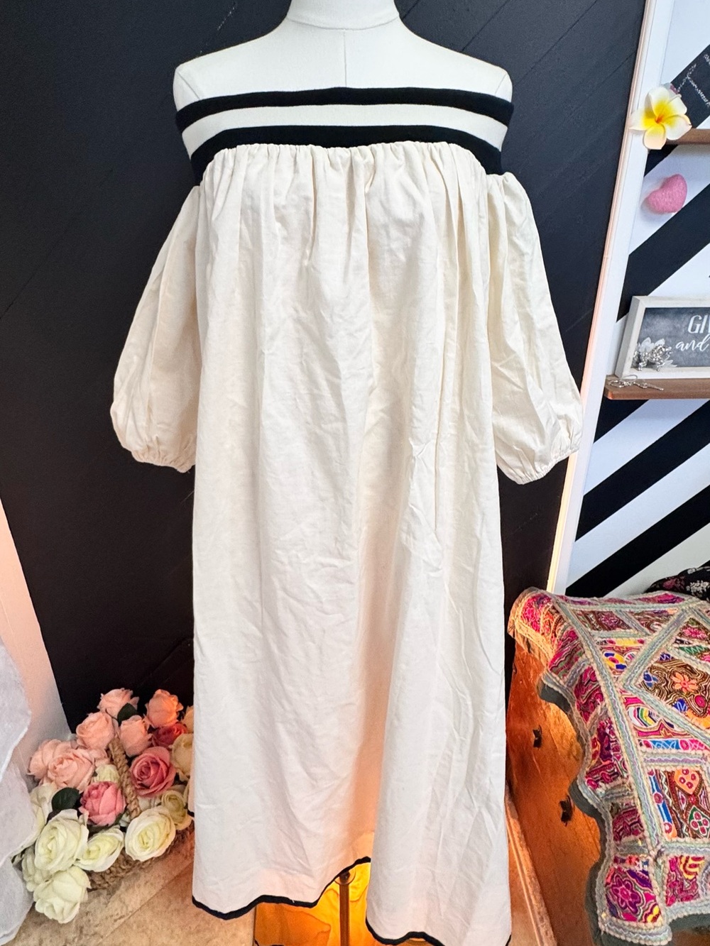 STYLEWE Cream Of-The-Shoulder Puff Sleeve Dress with Black Trim - Picture 2 of 12